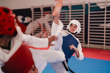A female martial artist in blue protective gear prepares to block a high kick from her male opponent during a sparring session on a red and blue mat inside a gym