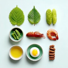 Minimalist Japanese Kaiseki meal arrangement, fresh seafood and vegetables