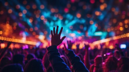 Immersive live music festival crowd at twilight — raised hands, lasers, and vibrant stage lights capturing energy and anticipation