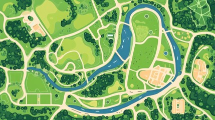 Obraz premium Colorful aerial view of a public park with river and pathways