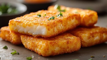 Crispy fried fish fillets on a table with garnish