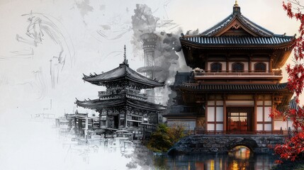 Sketch-to-photo of Japanese temple, autumn leaves, artistic fusion