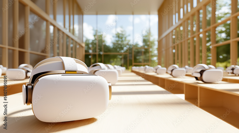 Poster virtual reality headsets rest on sleek wooden tables in a contemporary tech environment. bright sunl