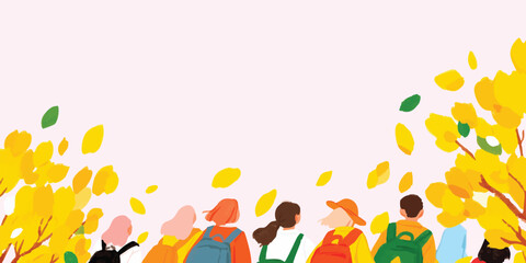 Obraz premium A warm scene of a group of people with falling yellow leaves during autumn, a symbol of friendship, unity, and natural beauty.