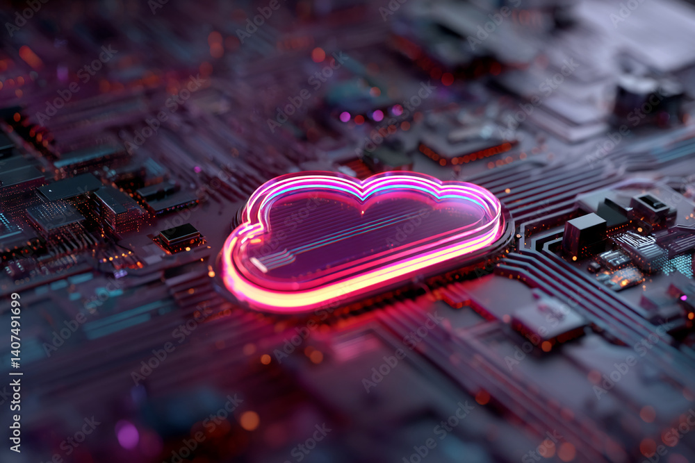 Poster neon cloud symbol on circuit board, showcasing technological innovation and cloud computing, represe