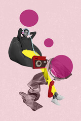 Poster image vertical photo collage of happy american girl listen music headphones retro telephone telecommunication speech