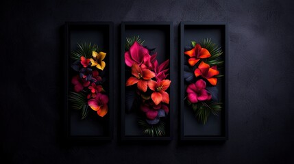 Dark, vibrant floral art display in black frames on textured backdrop