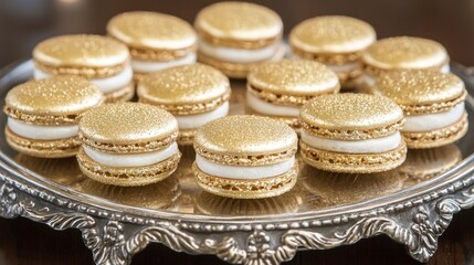 Gold-colored macarons arranged on a silver tray.  Delicate, sweet treats with a white filling