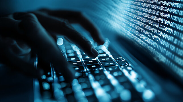 Close-up of hands typing on backlit keyboard, binary code visible on screen, suggesting digital activity, technological advancement, and data processing