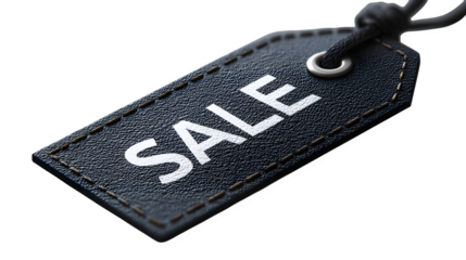 Close-up of a black leather sale tag with white text, isolated on a transparent or white background --ar 16:9 --v 7.0