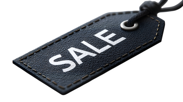 Close-up of a black leather sale tag with white text, isolated on a transparent or white background --ar 16:9 --v 7.0