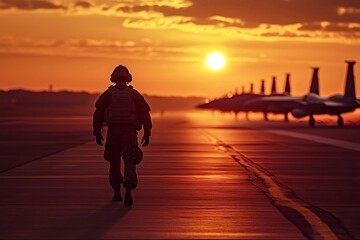 Us air force pilot walks on the airfield at sunset with f-15 fighter jets parked in the background, creating a dramatic silhouette against the vibrant orange sky