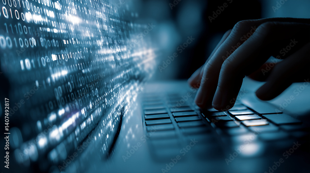 Poster close-up of hand typing on laptop keyboard, binary code displayed on screen, suggesting digital tech