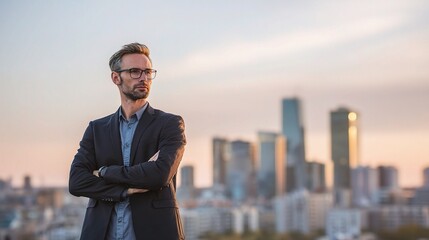 Professional Businessman Standing on Rooftop with City Skyline