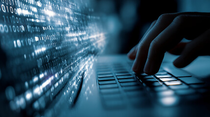 Close-up of hand typing on laptop keyboard, binary code displayed on screen, suggesting digital technology, programming, or data processing