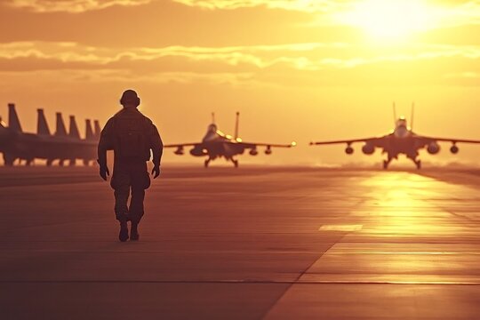 Us air force pilot walking on the airfield at sunset with fighter jets taxiing on runway in background, creating a dramatic silhouette against the golden light