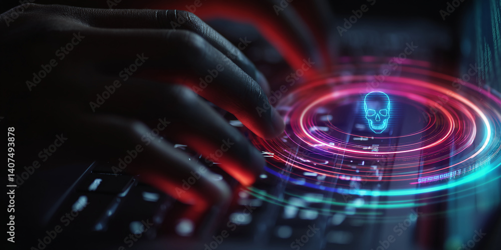 Poster close-up of hands typing on laptop keyboard, illuminated by colorful digital circles showing skull i