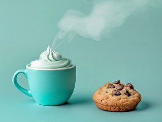 A cookie and hot coffey with whipped cream. 