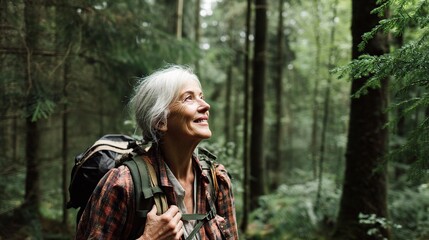 Obraz premium Joyful Elderly Woman Hiking in Lush Forest with Sense of Adventure