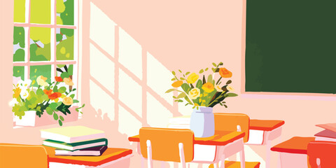 Fototapeta premium A vibrant classroom, bathed in the warm glow of the setting sun, features a stack of books on a desk and a vase full of colorful flowers.