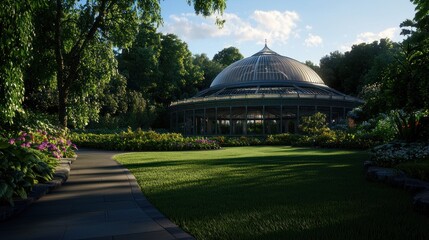 Park path leads to glass dome conservatory on sunny day