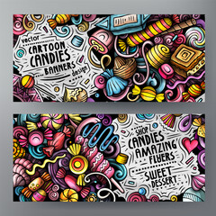 Cartoon vector doodle set of Candies banners templates. Corporate identity for the use on apps, branding, flyers, web design. Funny colorful illustration.