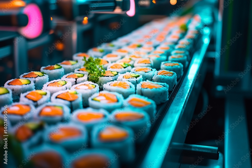 Poster rows of sushi rolls on a conveyor belt with salmon and avocado under artificial lighting in a factor