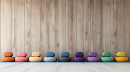 Tranquil atmosphere fills spacious yoga studio featuring colorful mats and a serene wooden wall backdrop inviting relaxation and meditation practices for a holistic experience