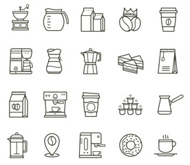 Cofee break set icon. Coffee, drink, plant, tea bag, grains, mug, cocktail, americano, cappuccino, etc. Beverage concept. Neomorphism style. Vector line icon for Business and Advertising
