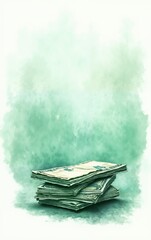 Stack of money bills on a soft green watercolor background