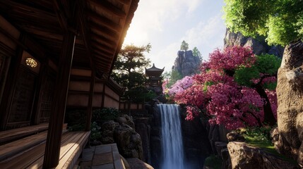Zen garden waterfall tranquil meditation