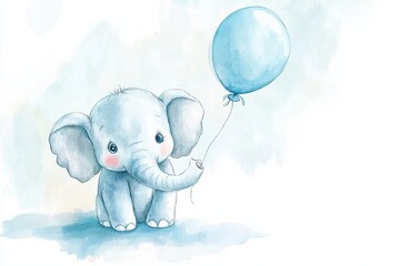 Cute baby elephant holding a blue balloon illustration on a white and blue watercolor background