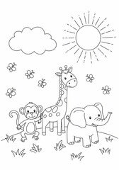 Obraz premium A cheerful scene of an elephant, monkey and giraffe, basking under a shining sun, surrounded by delightful clouds and butterflies. This illustration is perfect for children and nature lovers.