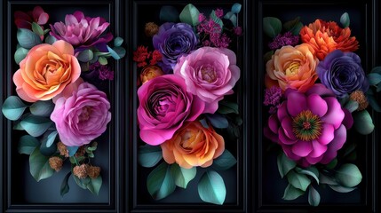 Colorful paper flower arrangements in dark frames