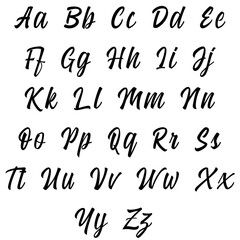 Elegant Cursive Alphabet in Black — Full Uppercase and Lowercase Brush Script Font for Invitations, Branding, and Design Projects