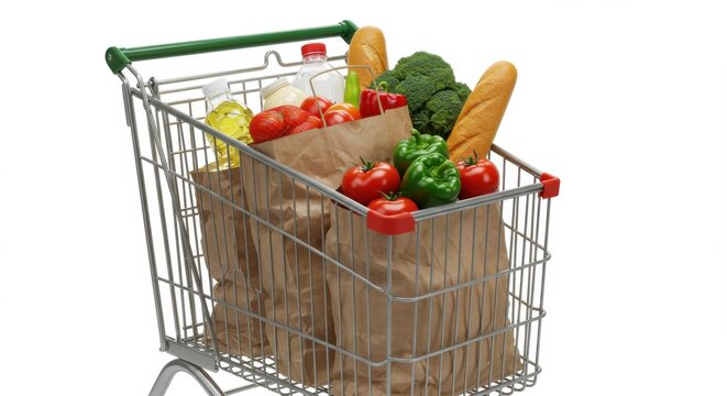 Grocery Shopping Cart: Fresh Produce and Bread in Rustic Paper Bags