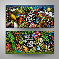 Obraz premium Cartoon colorful vector doodle Puerto Rico banners
