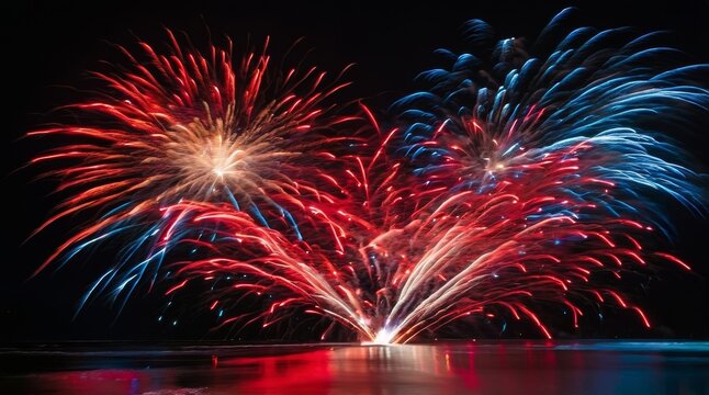 Abstract red, white, and blue fireworks exploding in night sky with light trails and water reflection &mdash; festive celebration atmosphere