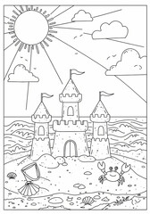 A beautiful seaside coloring page of sandcastle, the sun, sea and cloud in drawing style. The beach scene contains of sandcastle, sun, wave and crab.