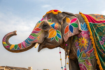 A hand-painted elephant in colorful Jaipur, India, celebrates a festival.
