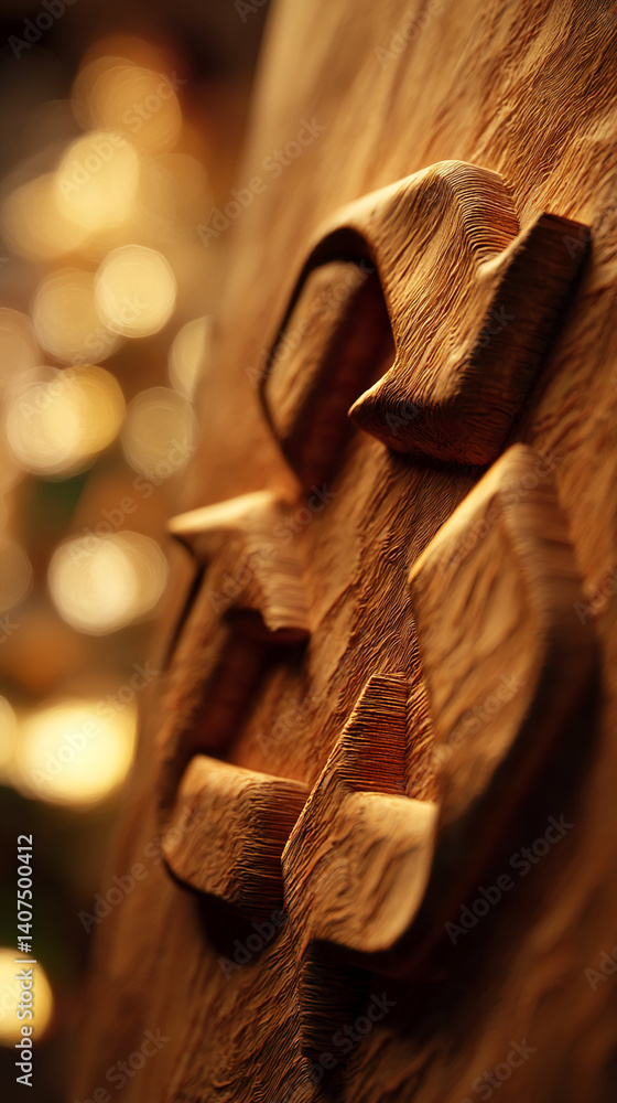 Poster close-up of brown wood texture, showing carved recycled symbol, creating a rustic and detailed appea