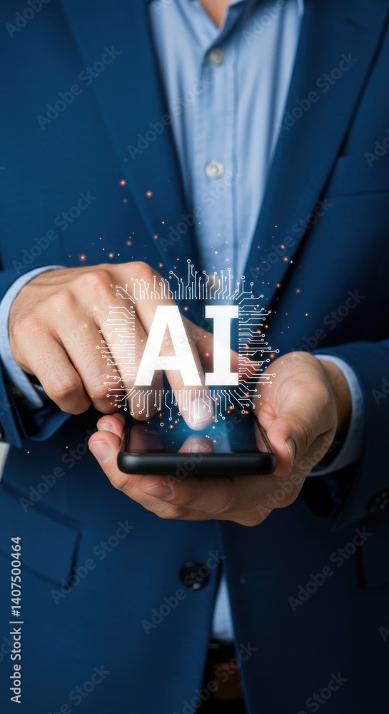 Poster ai in hand: man using smartphone with artificial intelligence, tech, business & innovation.