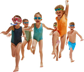 Happy little children ready for swim, having fun together in swimwear and diving equipment against transparent background. Concept of hot summer holidays, vacation, camps, recreation.