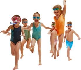 Happy little children ready for swim, having fun together in swimwear and diving equipment against transparent background. Concept of hot summer holidays, vacation, camps, recreation.