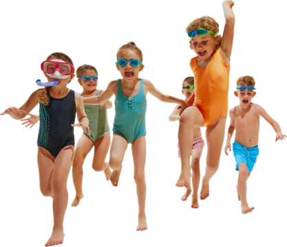 Happy little children ready for swim, having fun together in swimwear and diving equipment against transparent background. Concept of hot summer holidays, vacation, camps, recreation.
