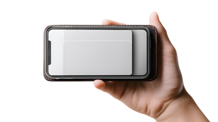 Hand holding smartphone with digital wallet open isolated on transparent background --ar 16:9 --v 7.0