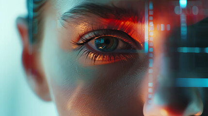Eyes closeup with digital enhancements. Futuristic tech meets human vision in amber tones.
