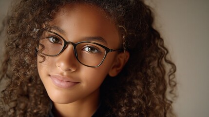 Fototapeta premium Smiling African American Girl with Glasses in Headshot Portrait