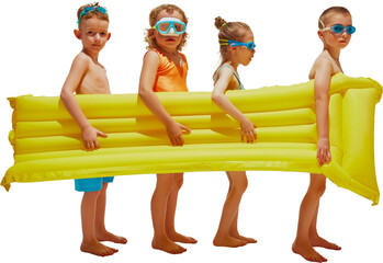 Cute little children, friends carrying inflatable matrass ready to swimming and have fun against transparent background. Concept of hot summer holidays, vacation, camps, recreation.