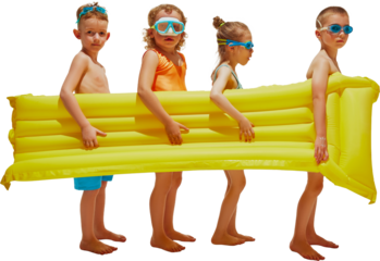 Cute little children, friends carrying inflatable matrass ready to swimming and have fun against transparent background. Concept of hot summer holidays, vacation, camps, recreation.